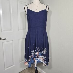 Women's Tropical Print Midi Dress Sz M Navy Palm Tree Beach Vacation Sundress